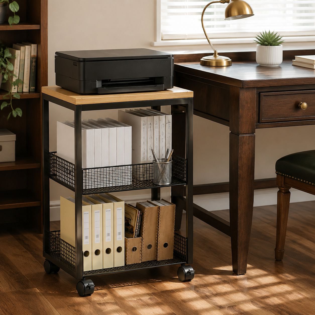 Movable Bookshelf with Wheels Printer Storage Desk Side Cabinet