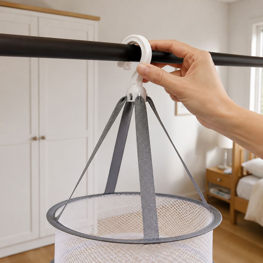 Easy-to-hang double-layer drying net in use