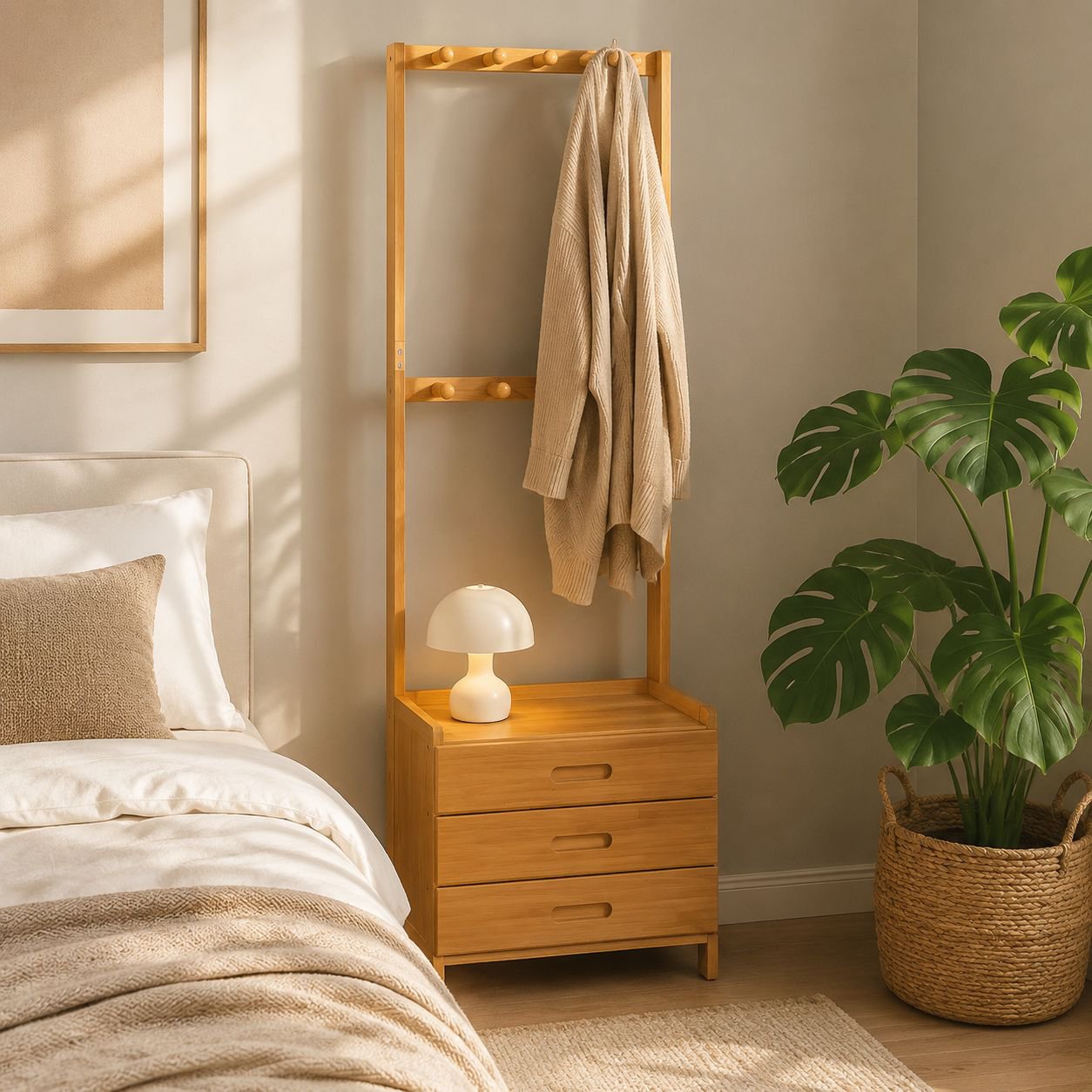 Simple bedside table clothes hanger integrated home bedroom storage rack rental house floor-standing