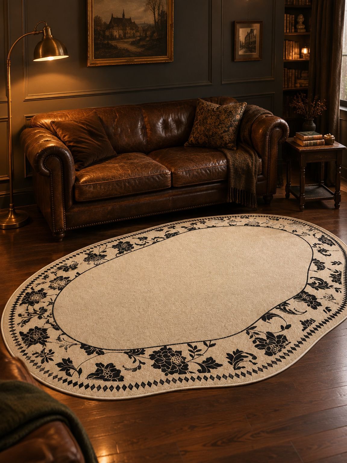 French vintage mid-century waterproof irregular sofa rug in a stylish living room