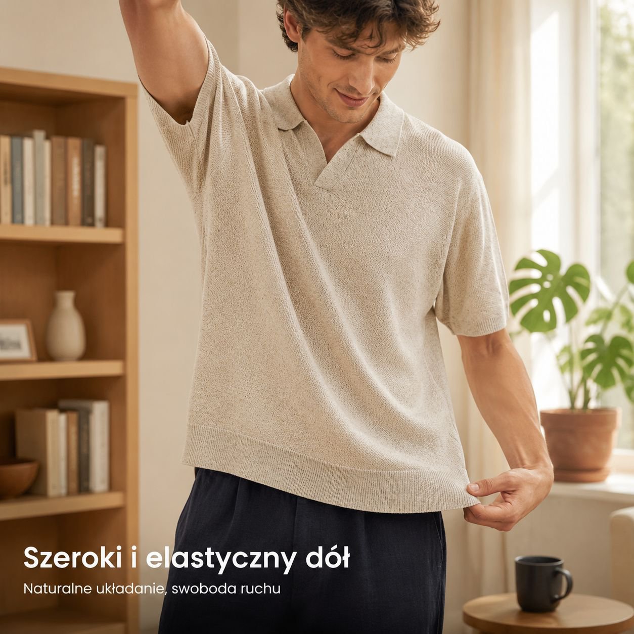 Męski luźny sweter z krótkim rękawem i kołnierzem mewim, styl amerykański, na lato