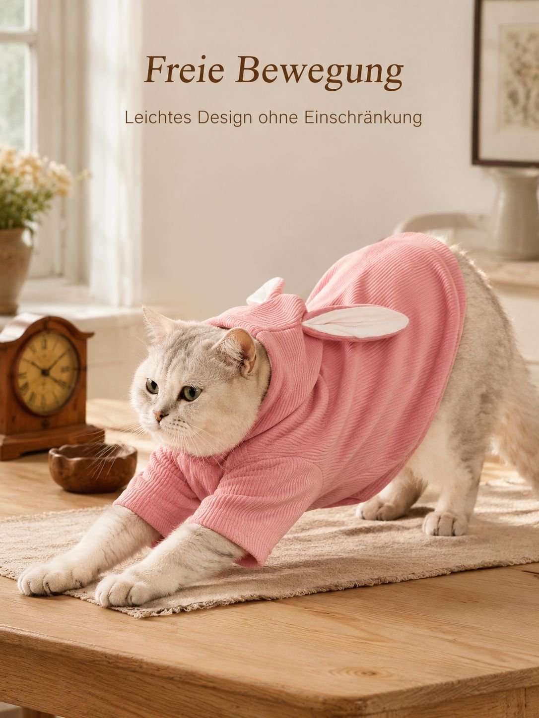 Kleiner Hund trägt kuscheliges Sweatshirt mit Hasenohren Kapuze