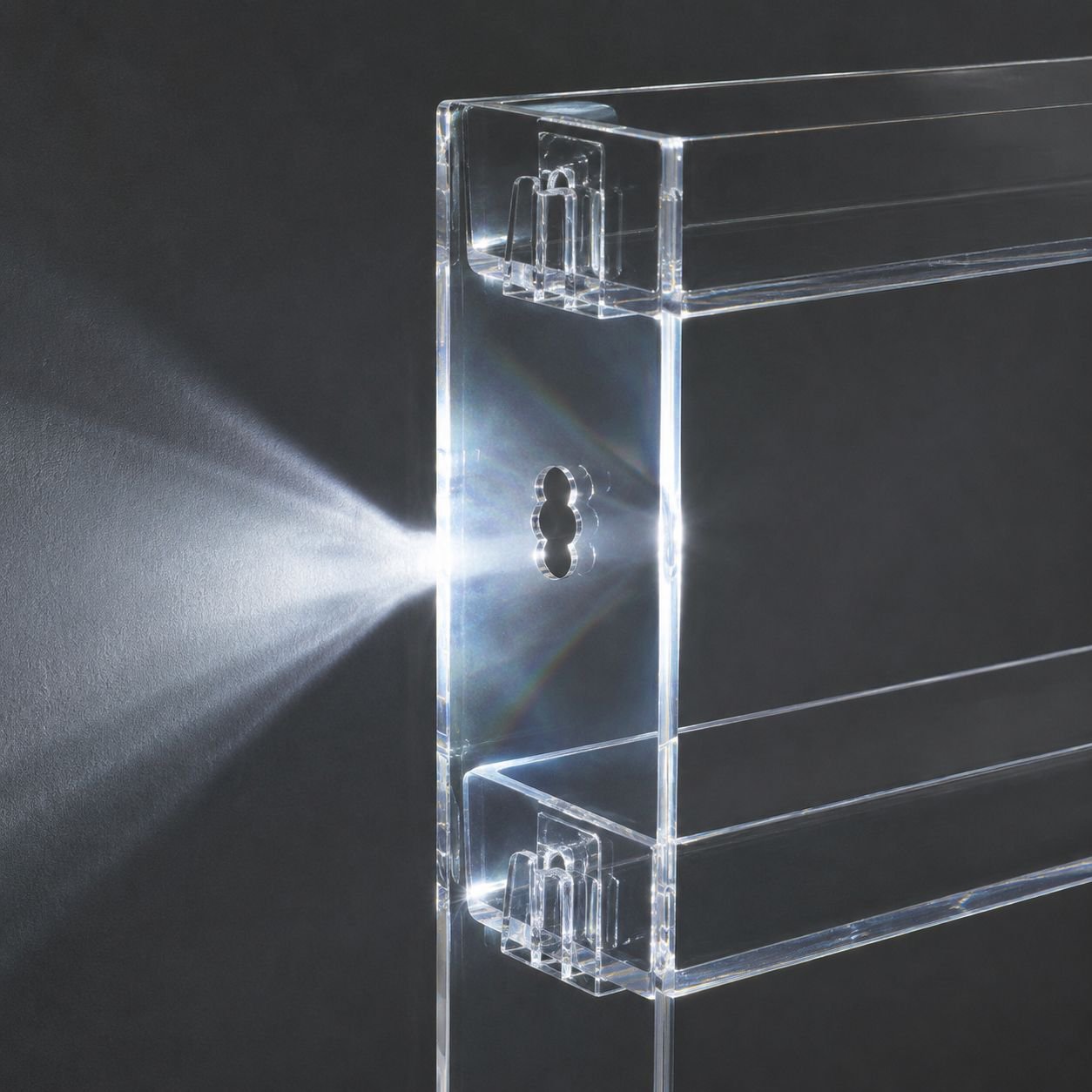 Close-up of clear acrylic storage shelf for collectibles