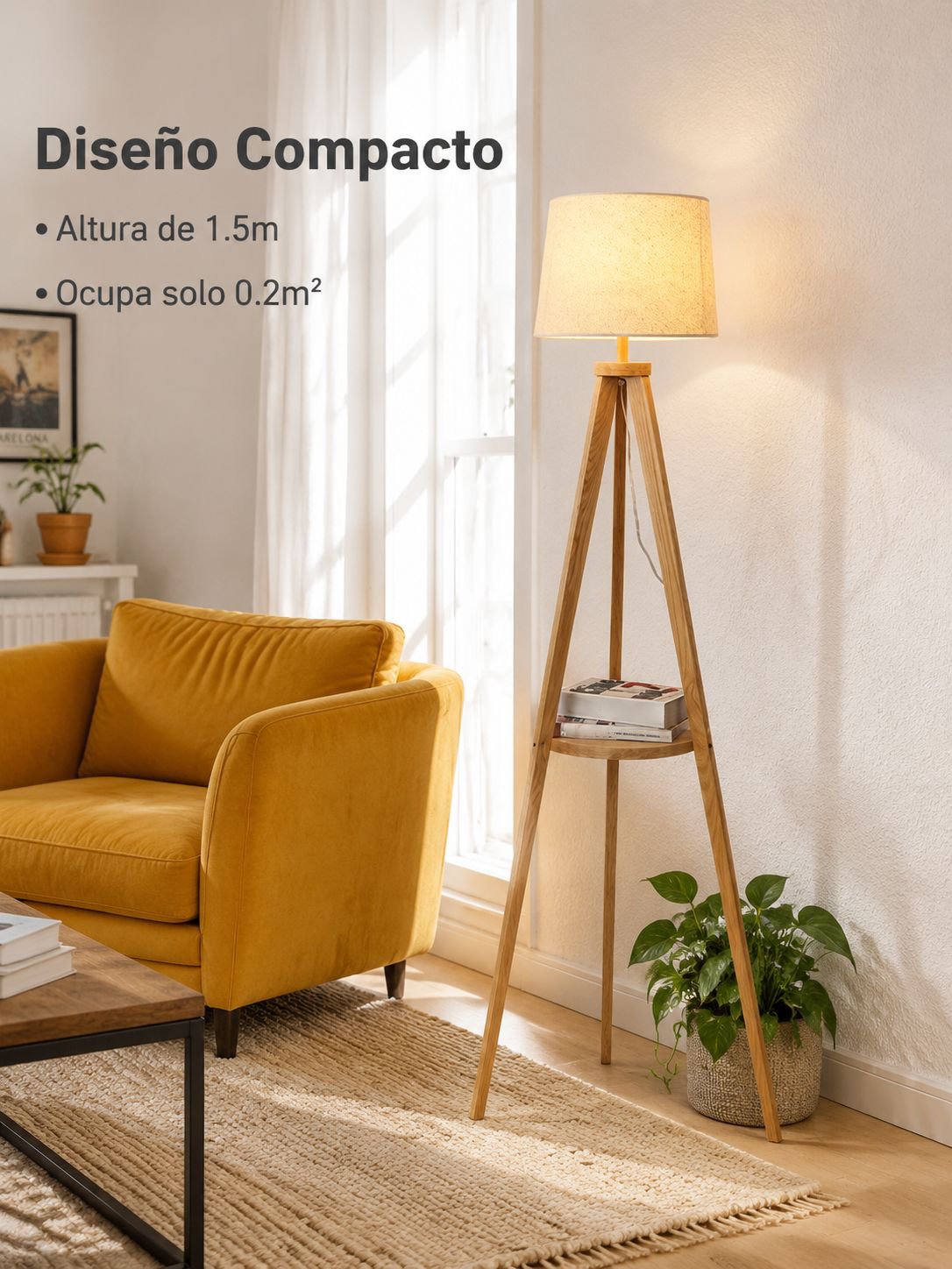 Lámpara de pie de salón con trípode de madera maciza
