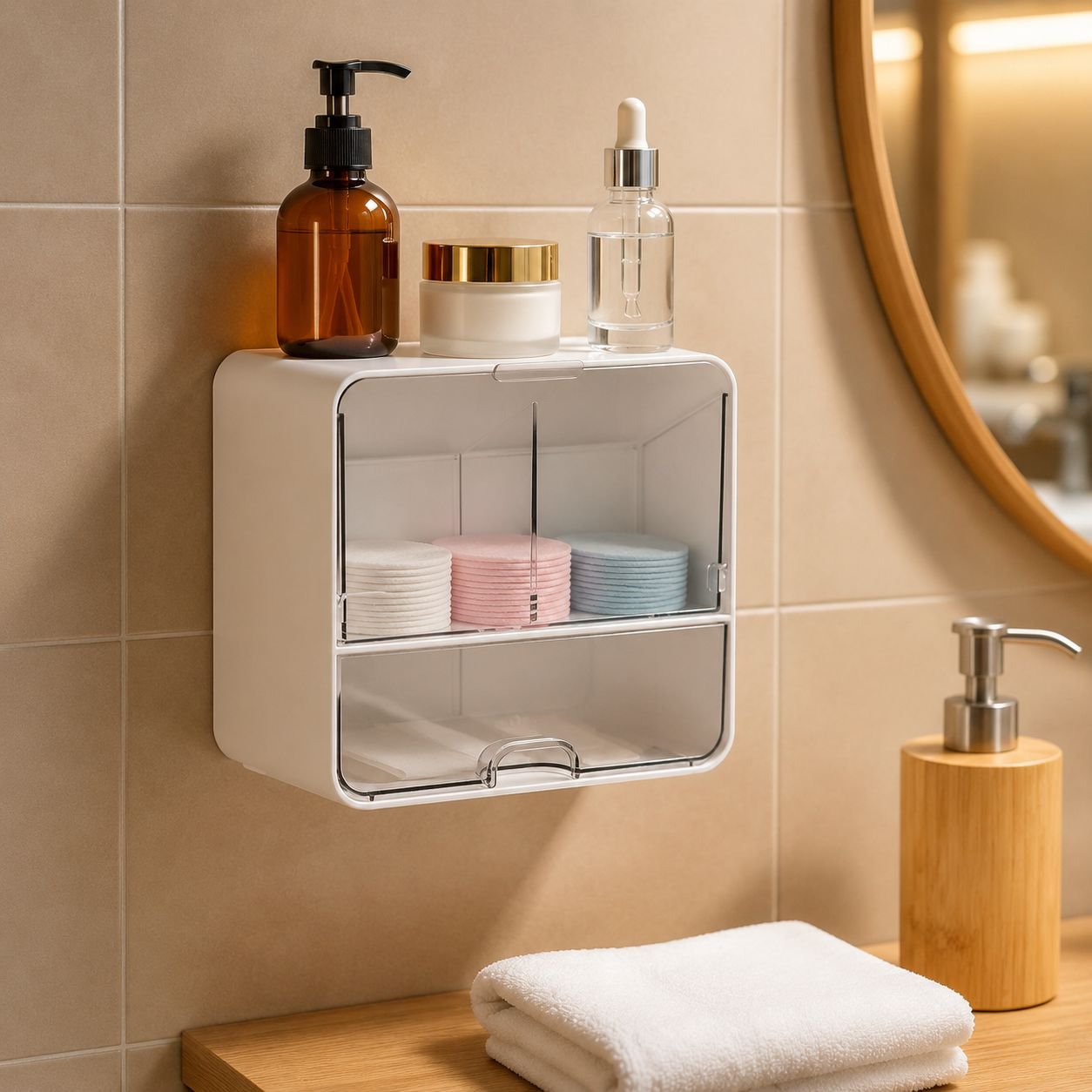 Space-saving bathroom organizer with built-in mirror