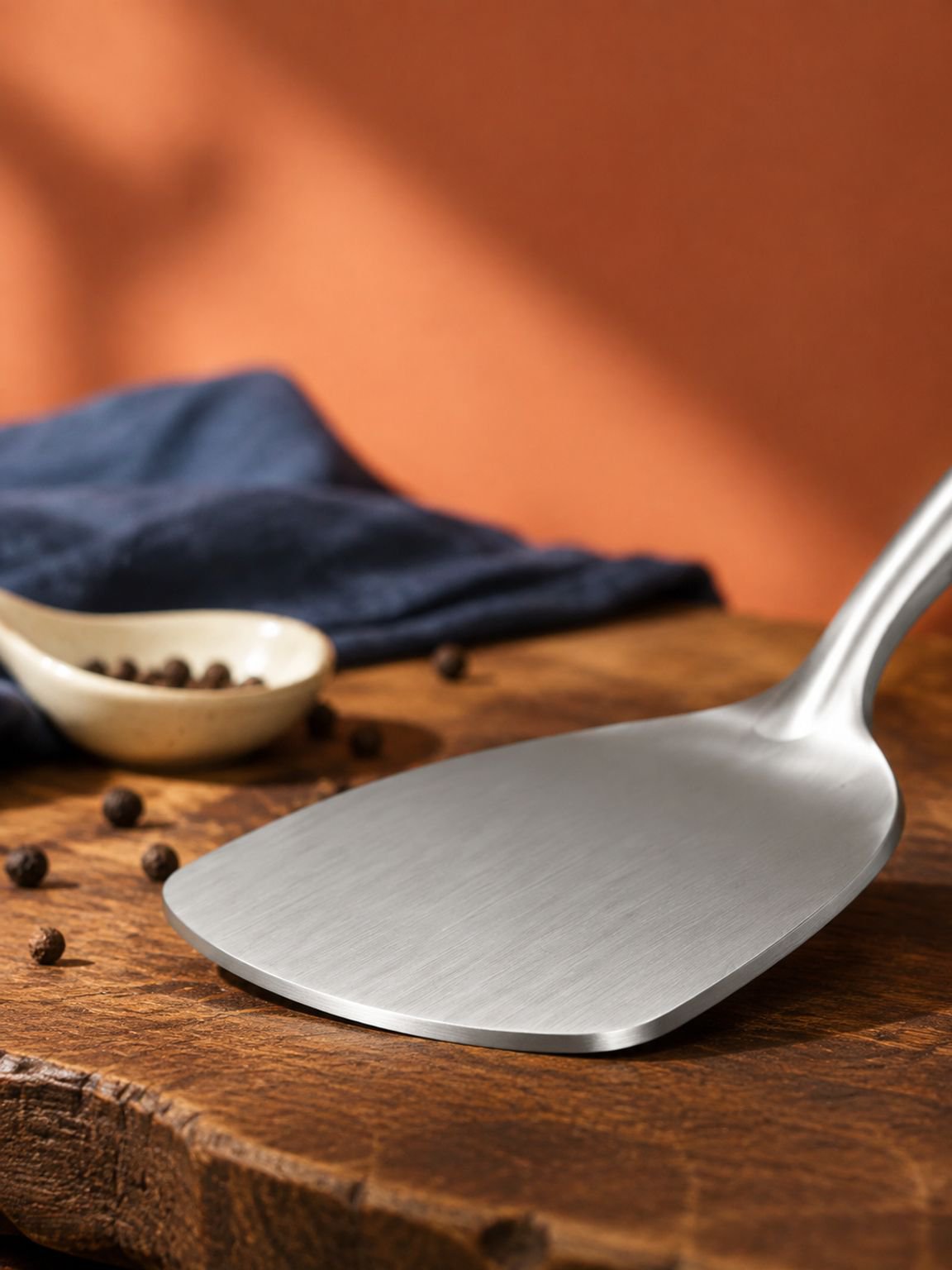 Espátula de acero inoxidable engrosada para cocinar.
