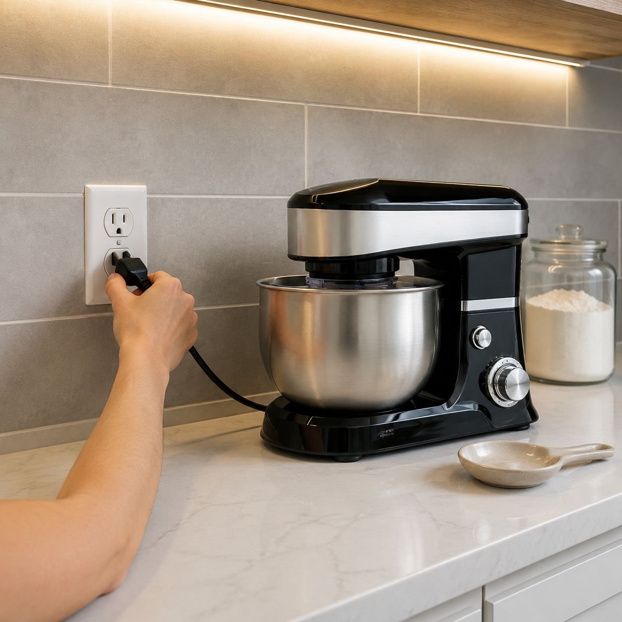 Modern kitchen with 5.5L stand mixer on countertop