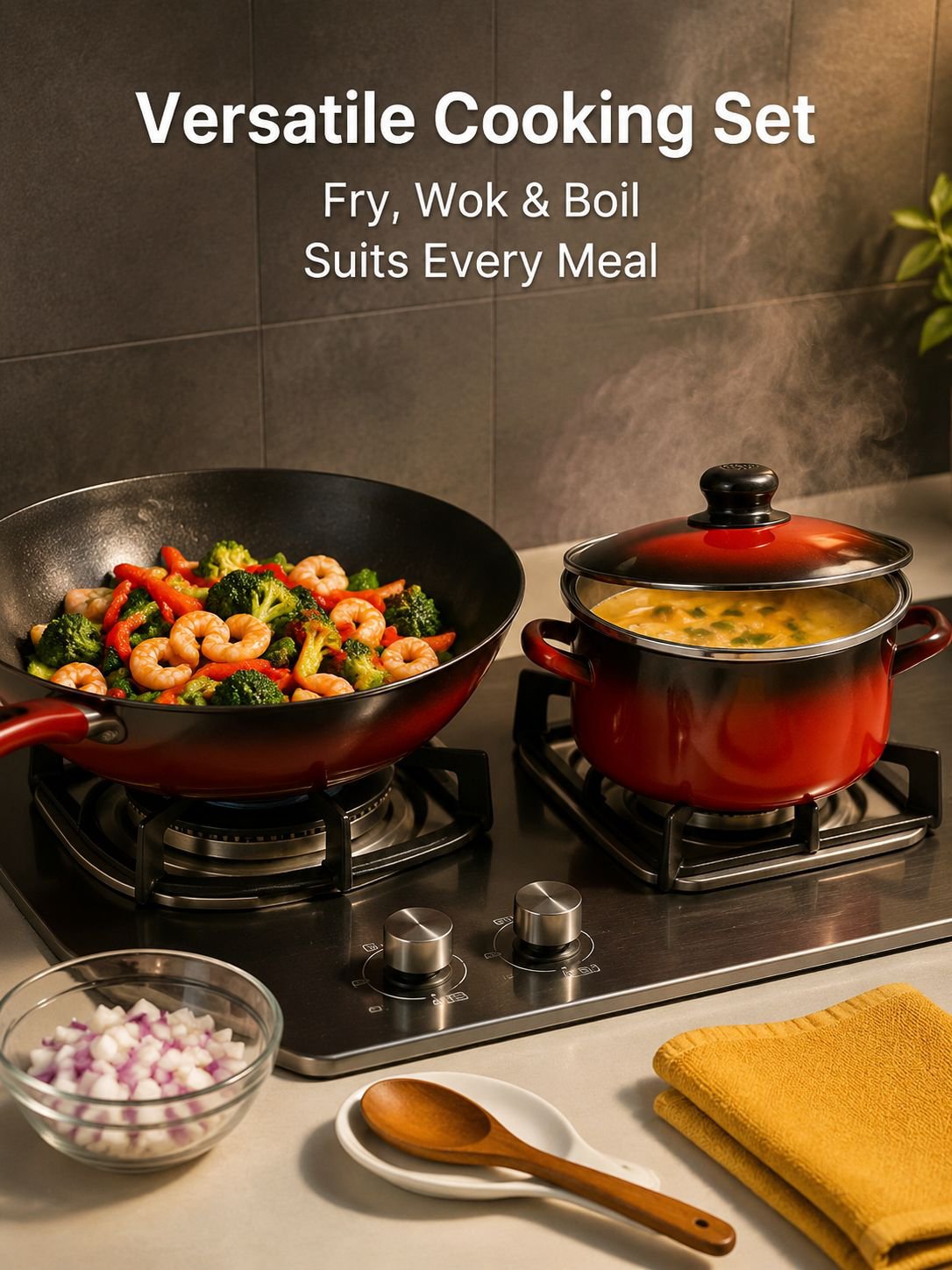 Set of soup pots and frying pans