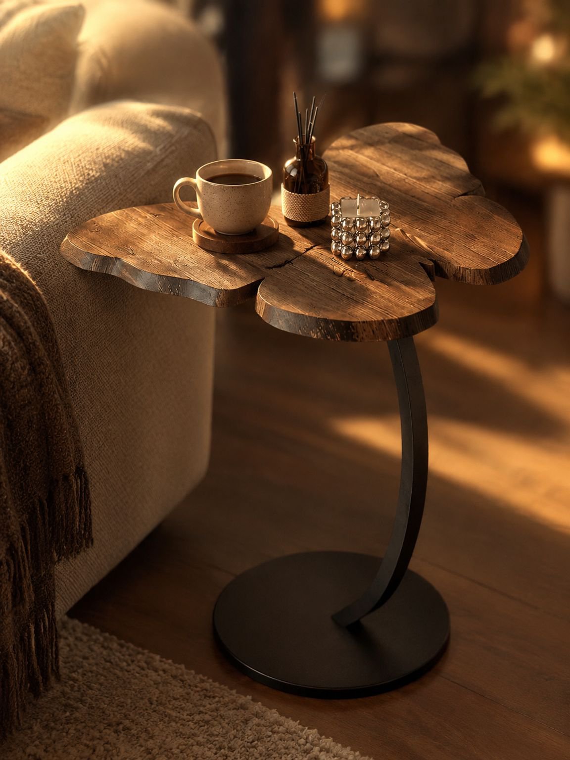 Compact and space-saving sofa side table in a living room