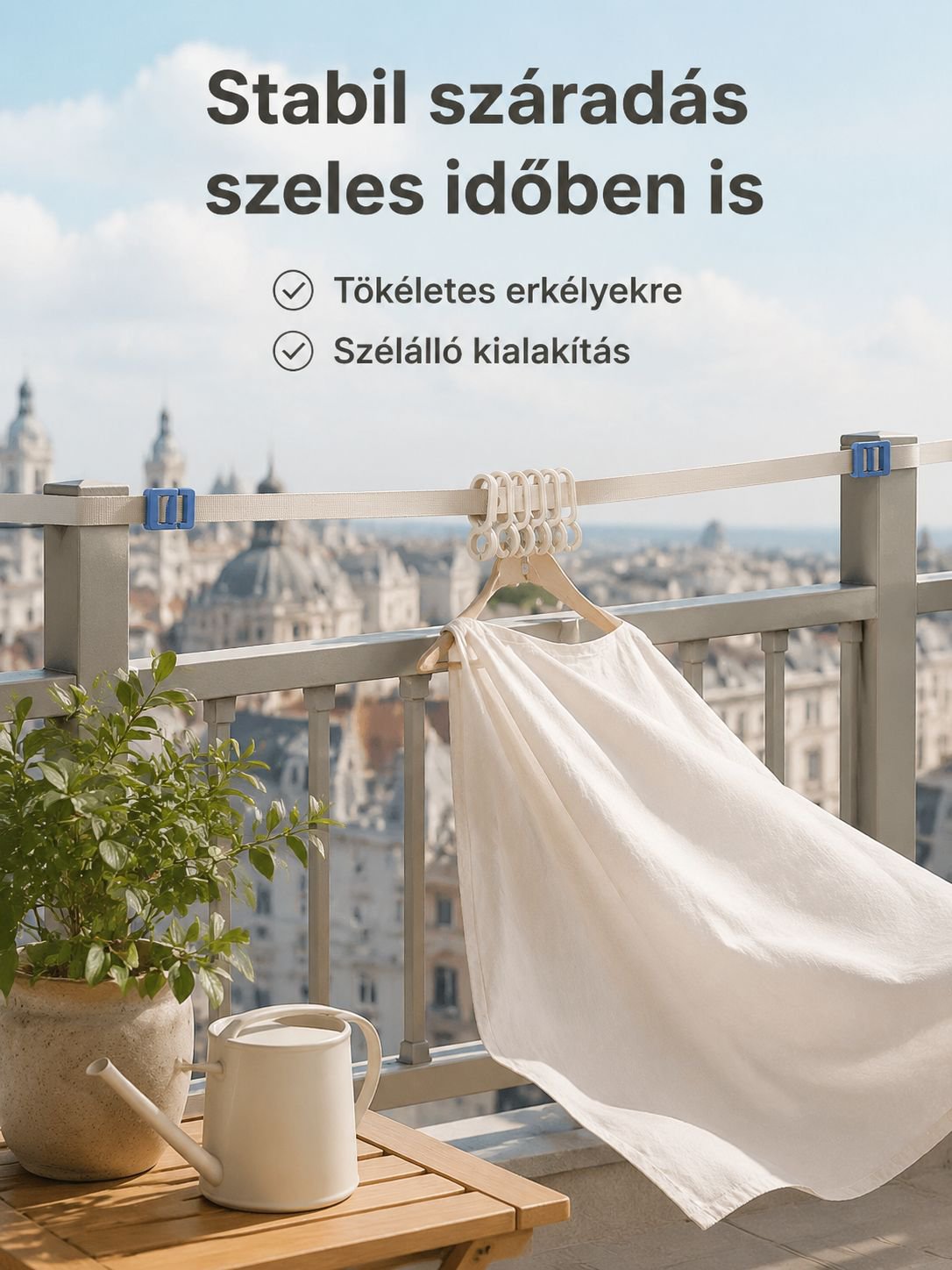 Hordozható szárítókötél egyszerű felszereléssel