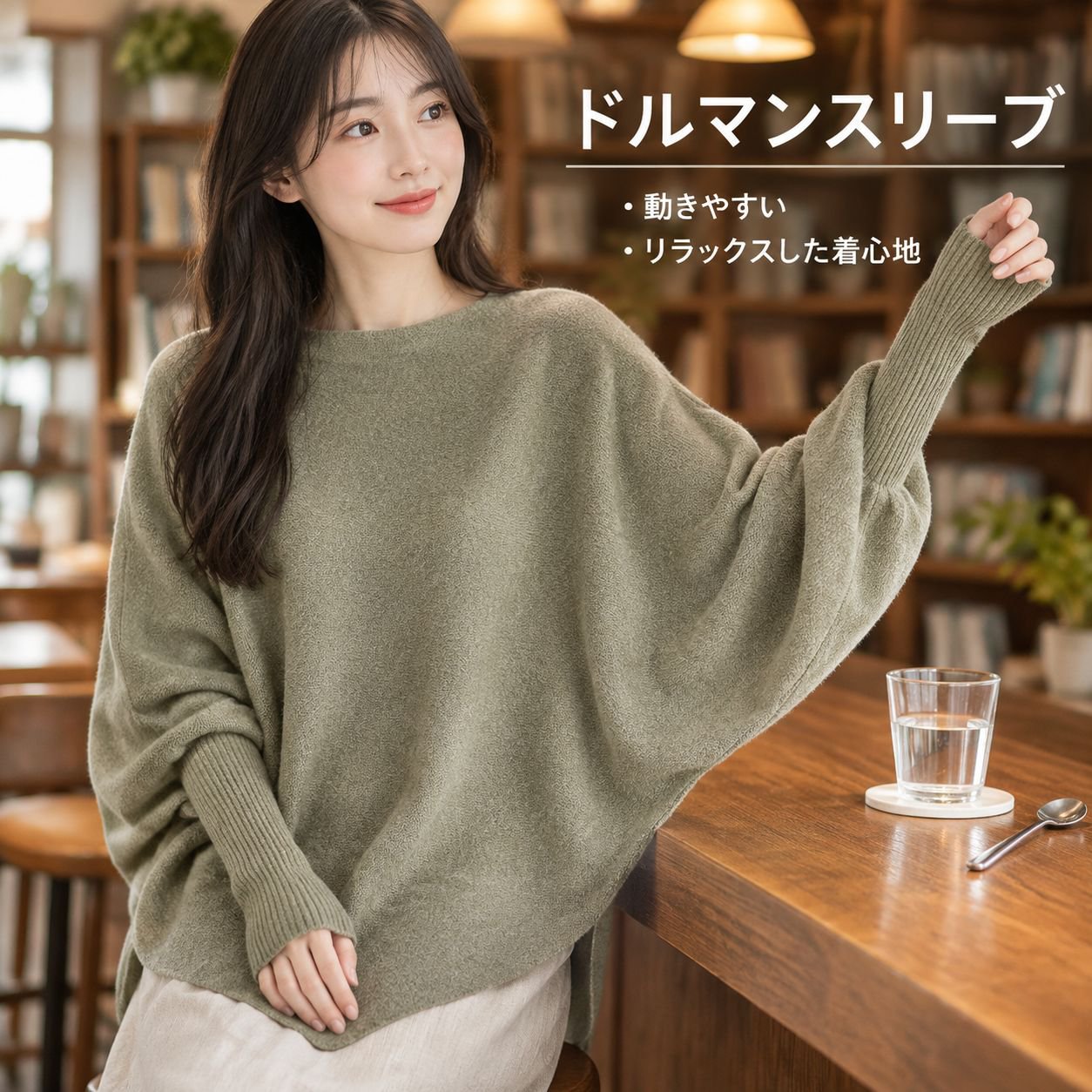 女性用軽量ロング・アシンメトリー・バットウィングスリーブ・セーター