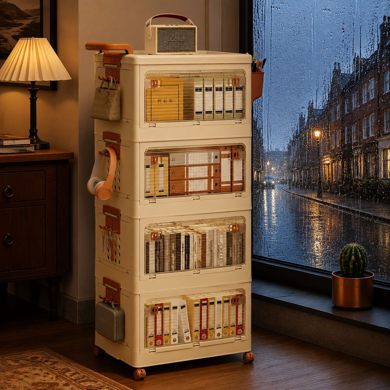 Easy assembly household storage cabinet with wheels