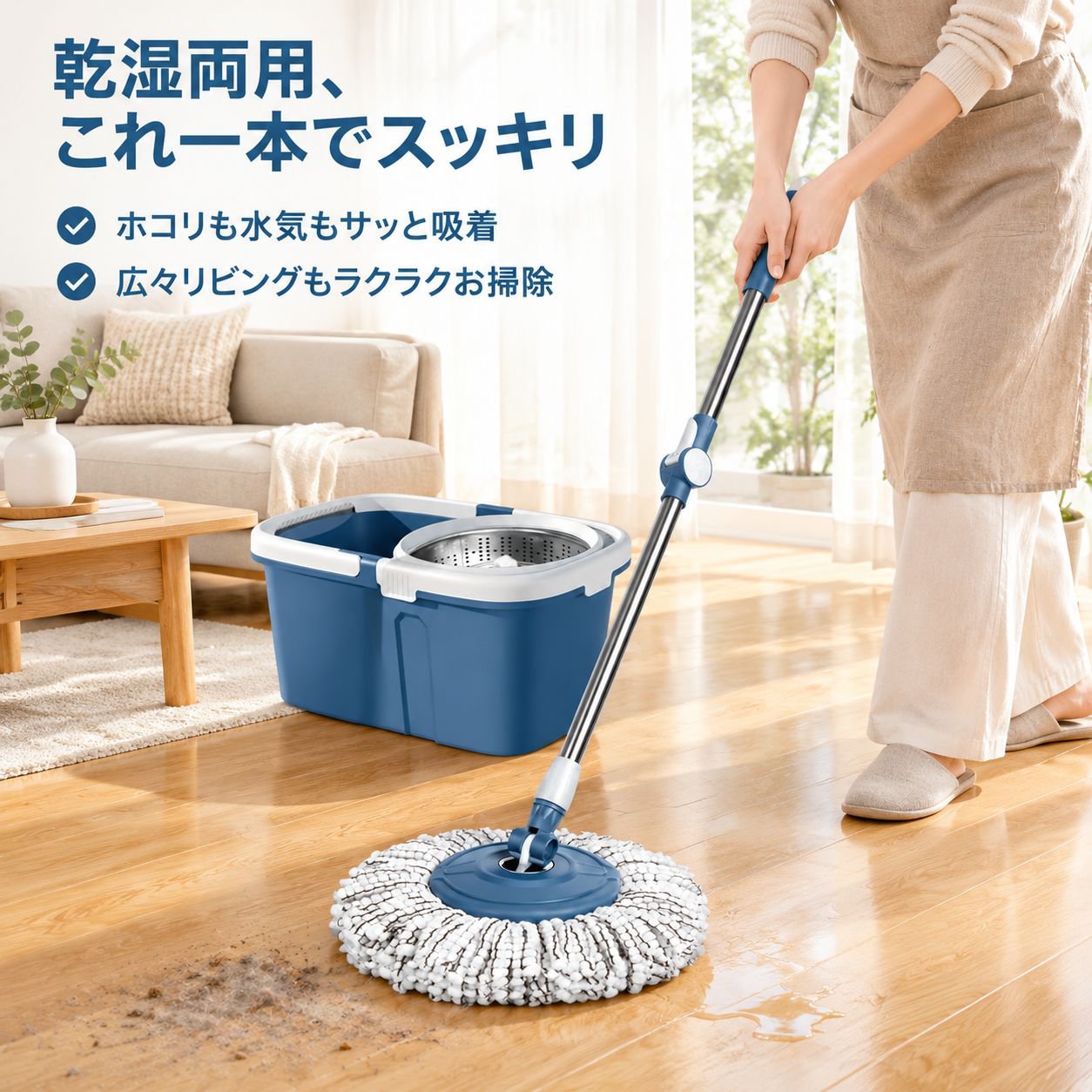 ハンズフリー 回転モップ ダブルドライブ脱水 厚手シングルバケツ 乾湿両用