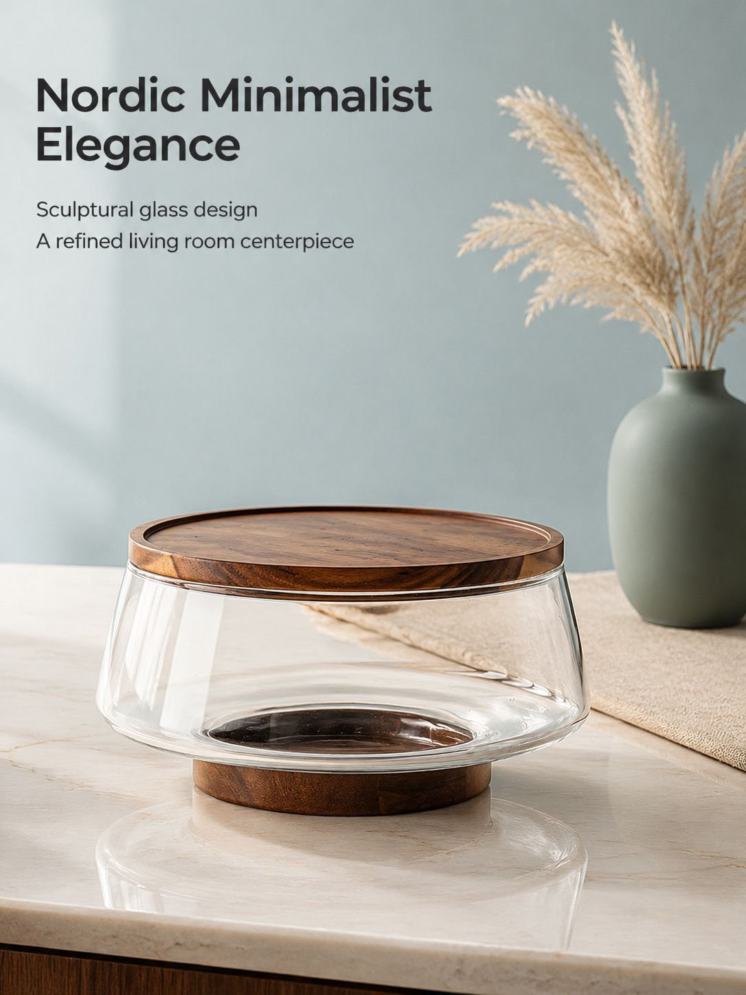 Elegant glass fruit plate with wooden lid and fork