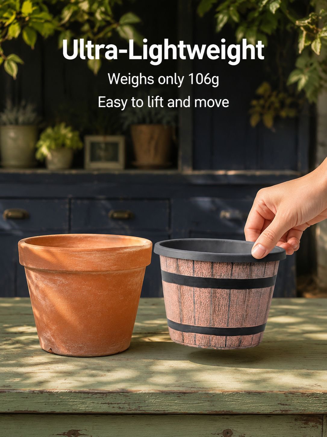 Durable outdoor vintage plastic plant pot with drainage holes