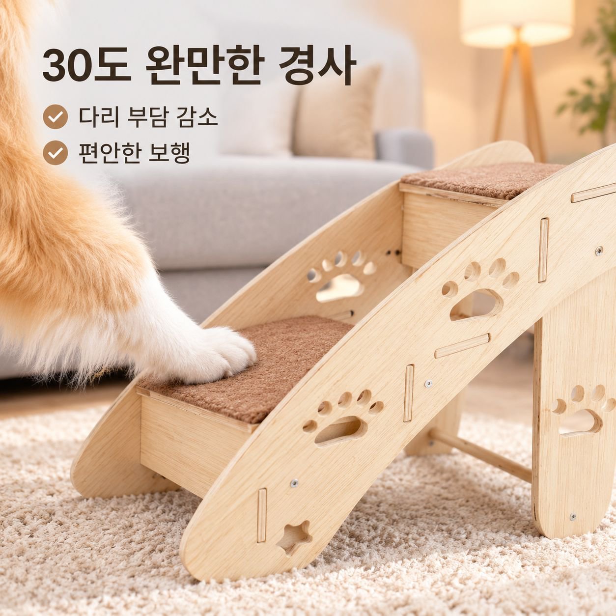 반려견의 침대 오르내리기를 돕는 원목 경사로/계단