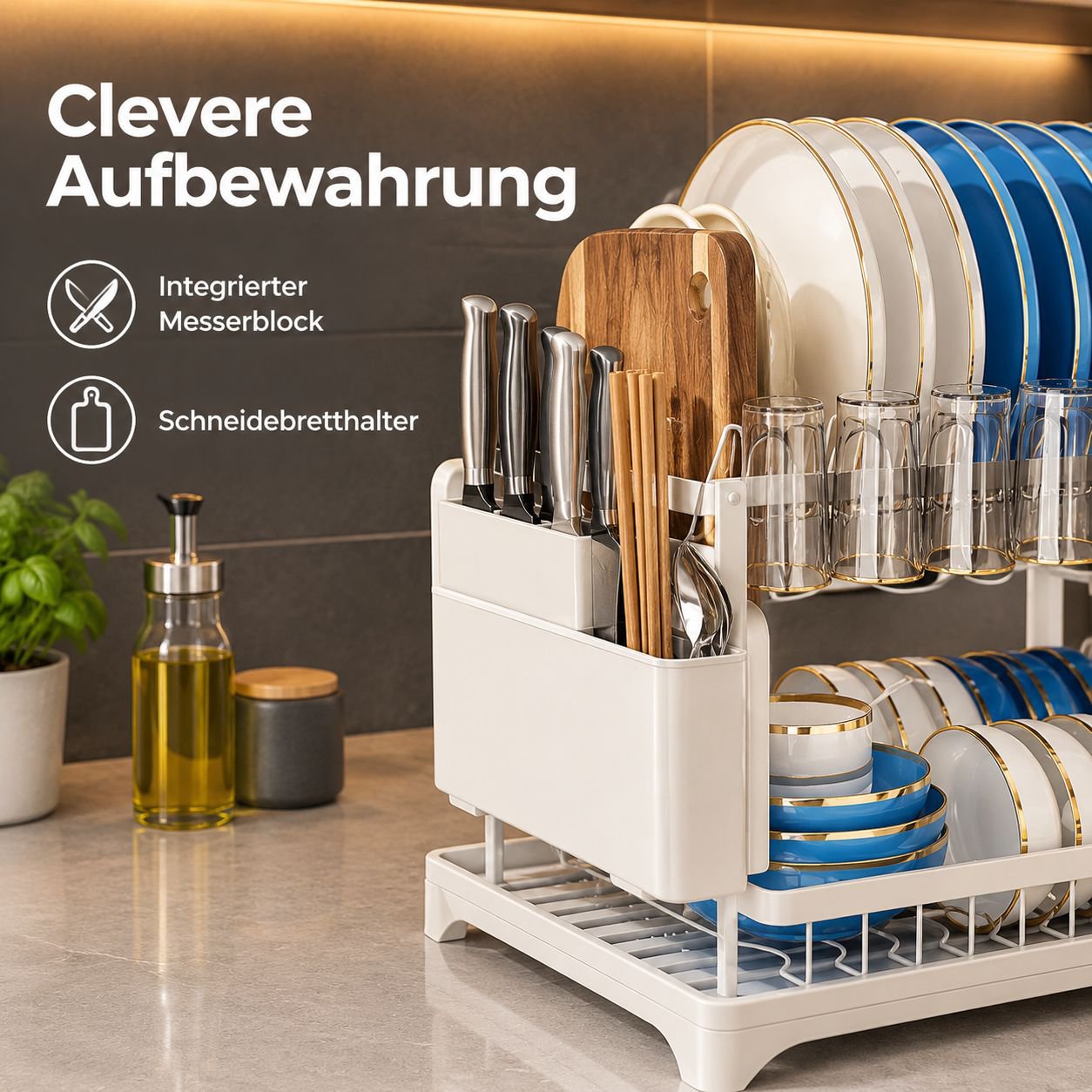 Multifunktionales Geschirrabtropfgestell Kompakter Küchen-Organizer Geschirr