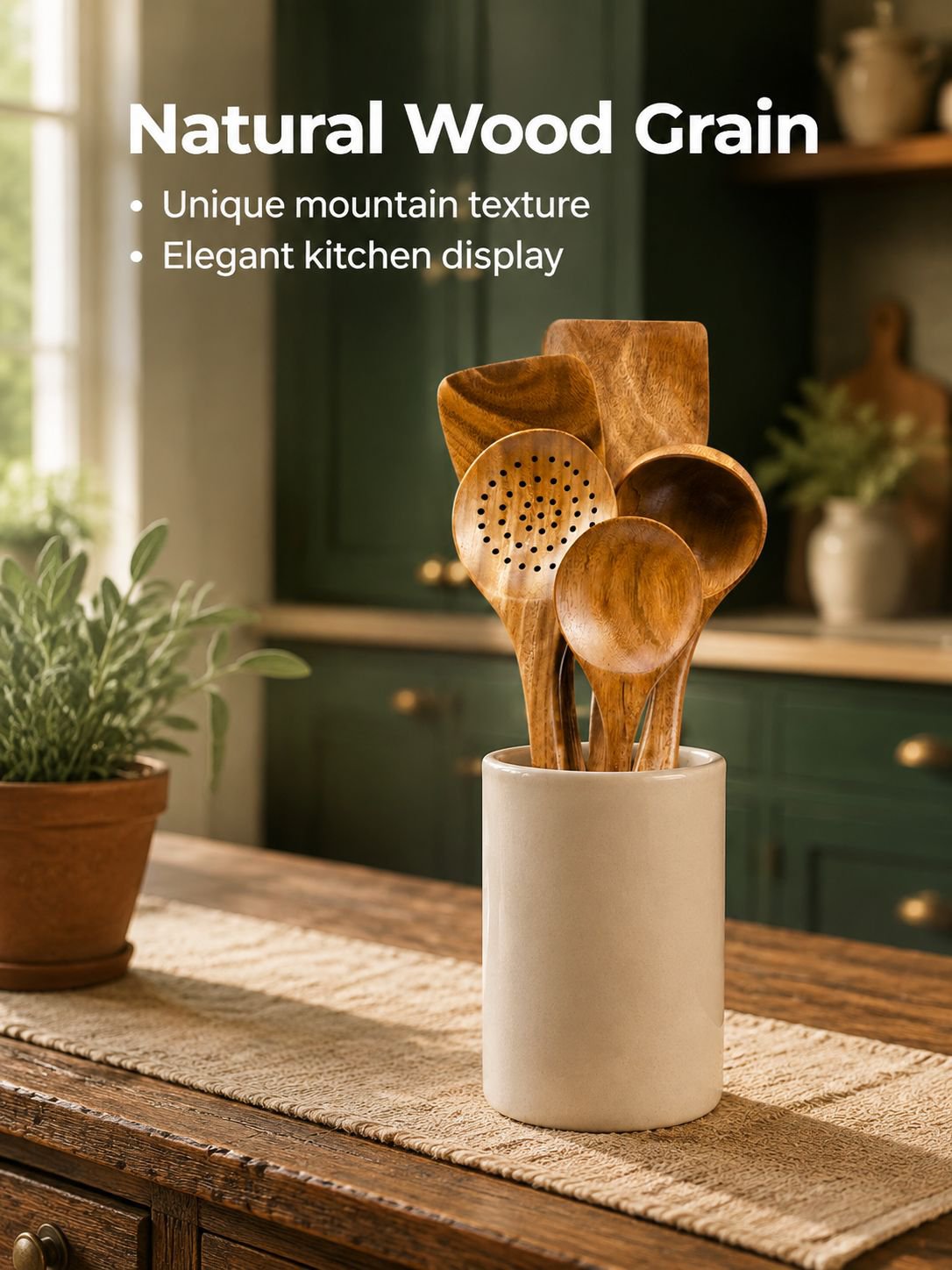 Premium wooden cooking utensil set displayed on kitchen countertop