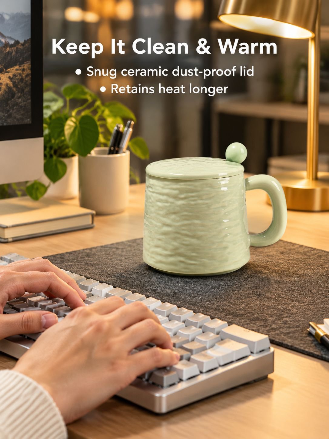 Elegant ceramic coffee mug with a matching lid and spoon