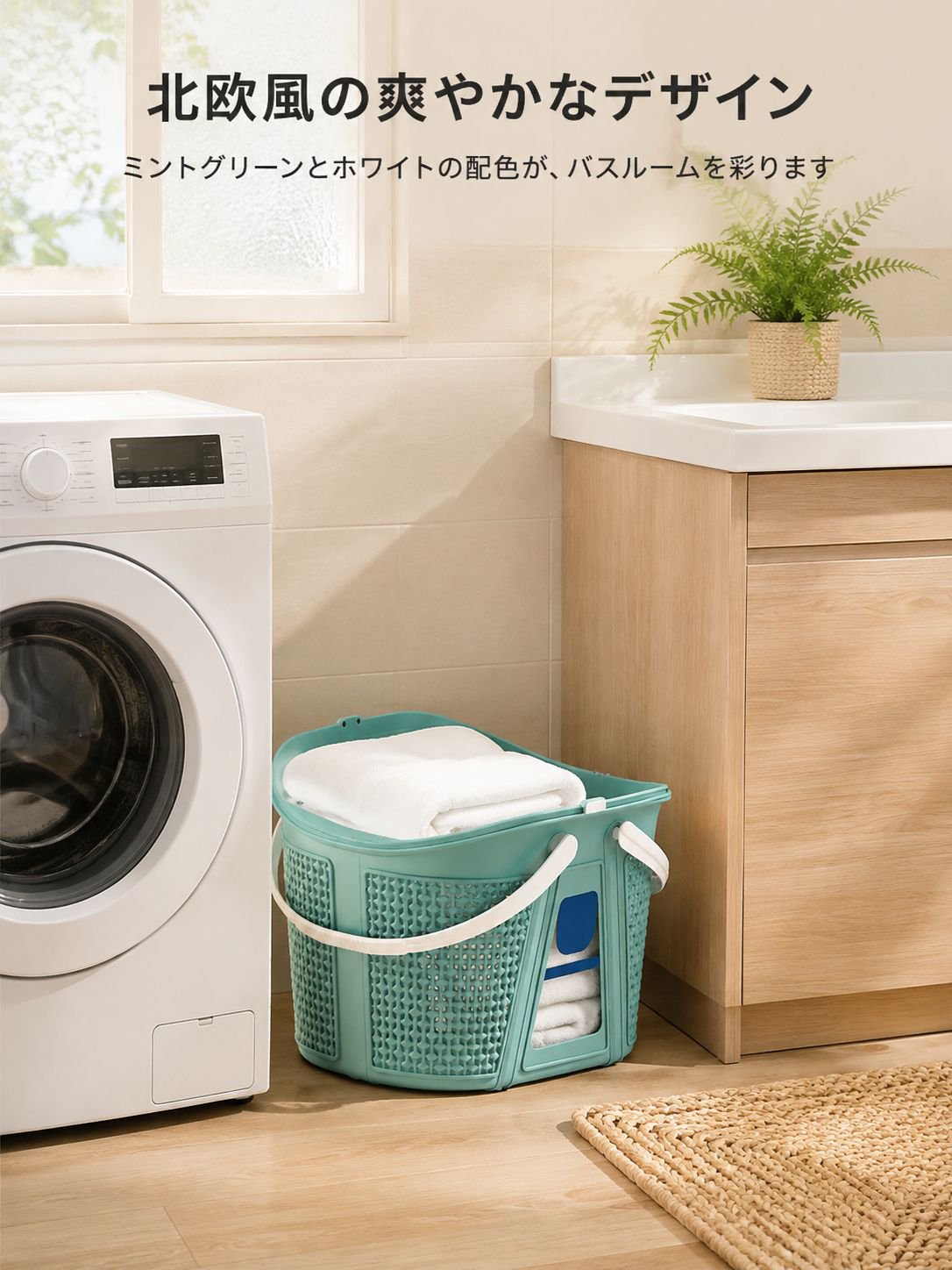 プラスチック製洗濯かごハンドル付き
