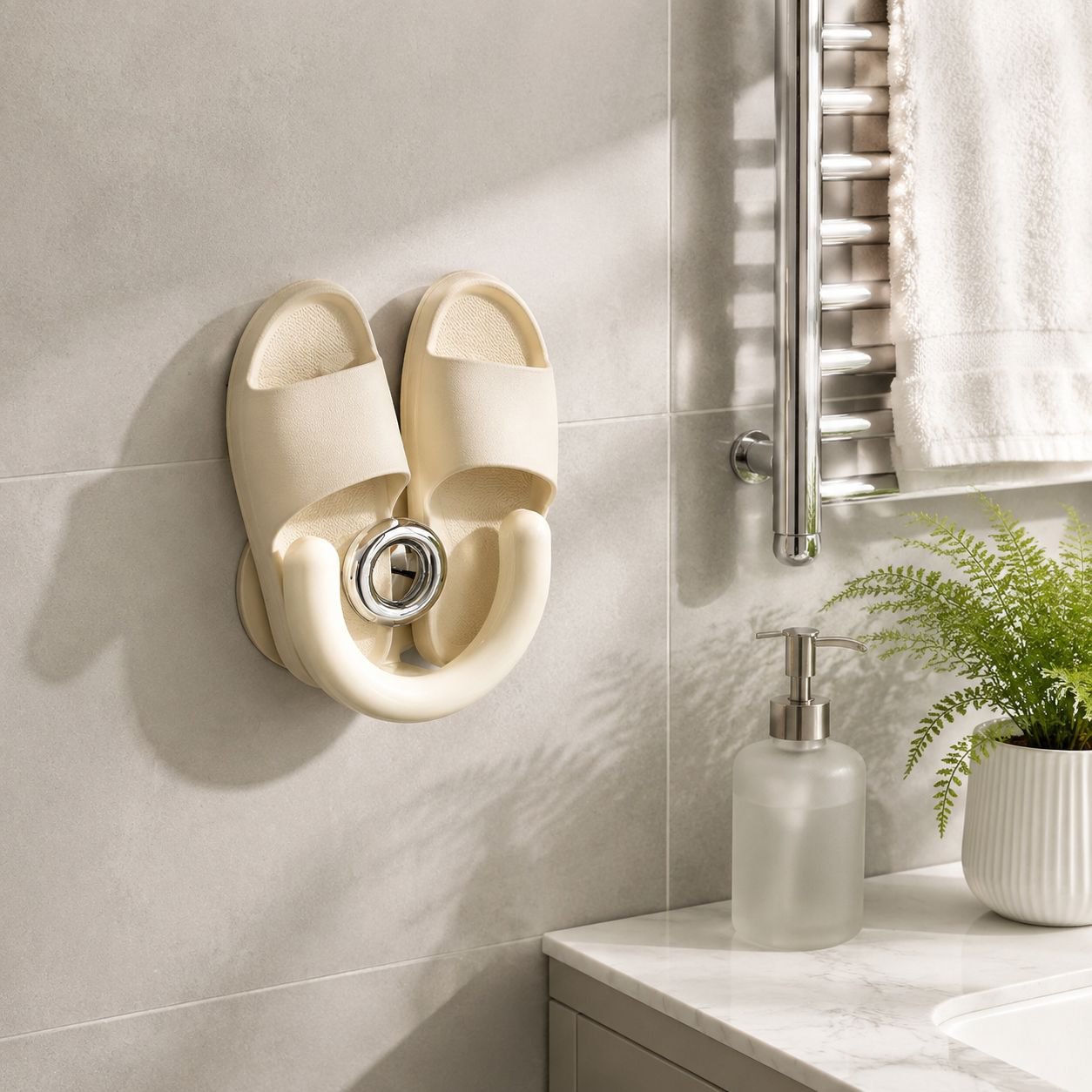 Wall-mounted Bathroom Suction Slipper Rack with Draining Storage Shelf