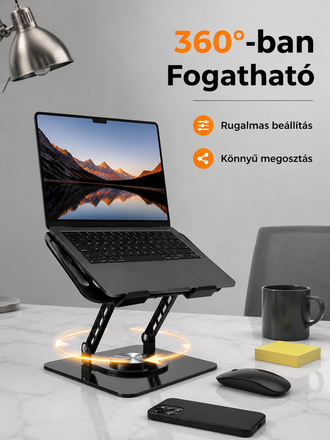 360 fokban forgatható, összecsukható, hordozható laptop állvány, hűtő tartó
