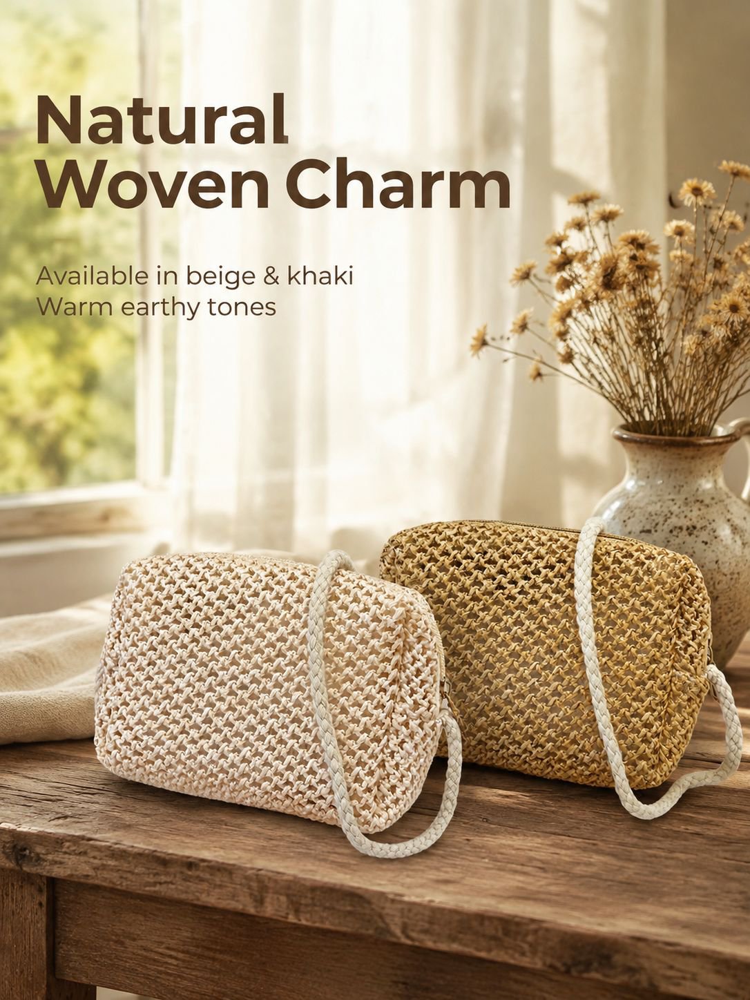 Hand-woven pastoral style straw chain shoulder/crossbody small square bag