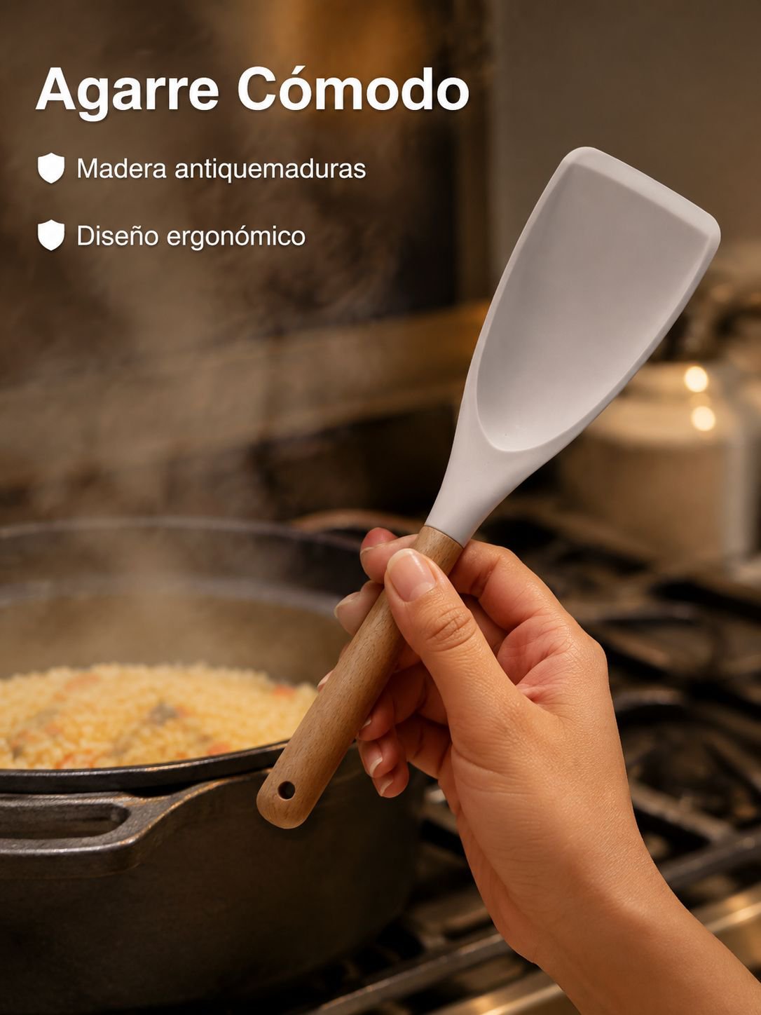 Cuchara de arroz de silicona con mango de madera