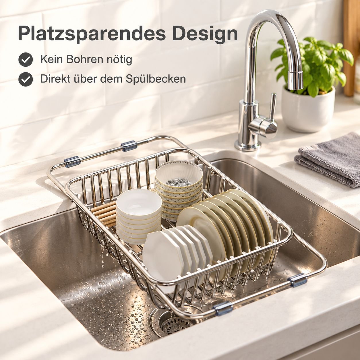 Edelstahl Abtropfkorb für Spülbecken Ausziehbar Geschirrständer Küchenregal
