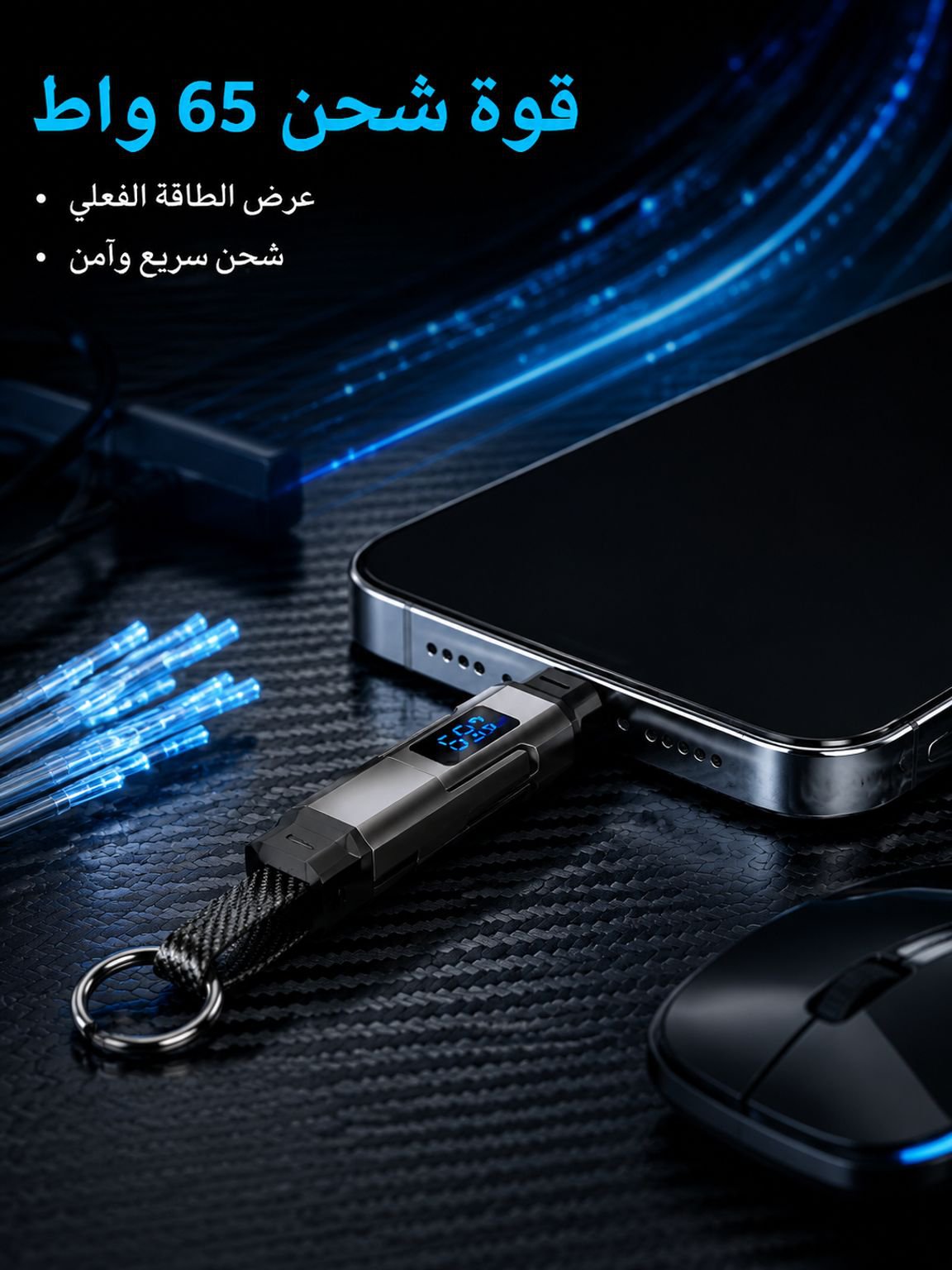 كابل شحن سريع محمول ومتين بقدرة 65W