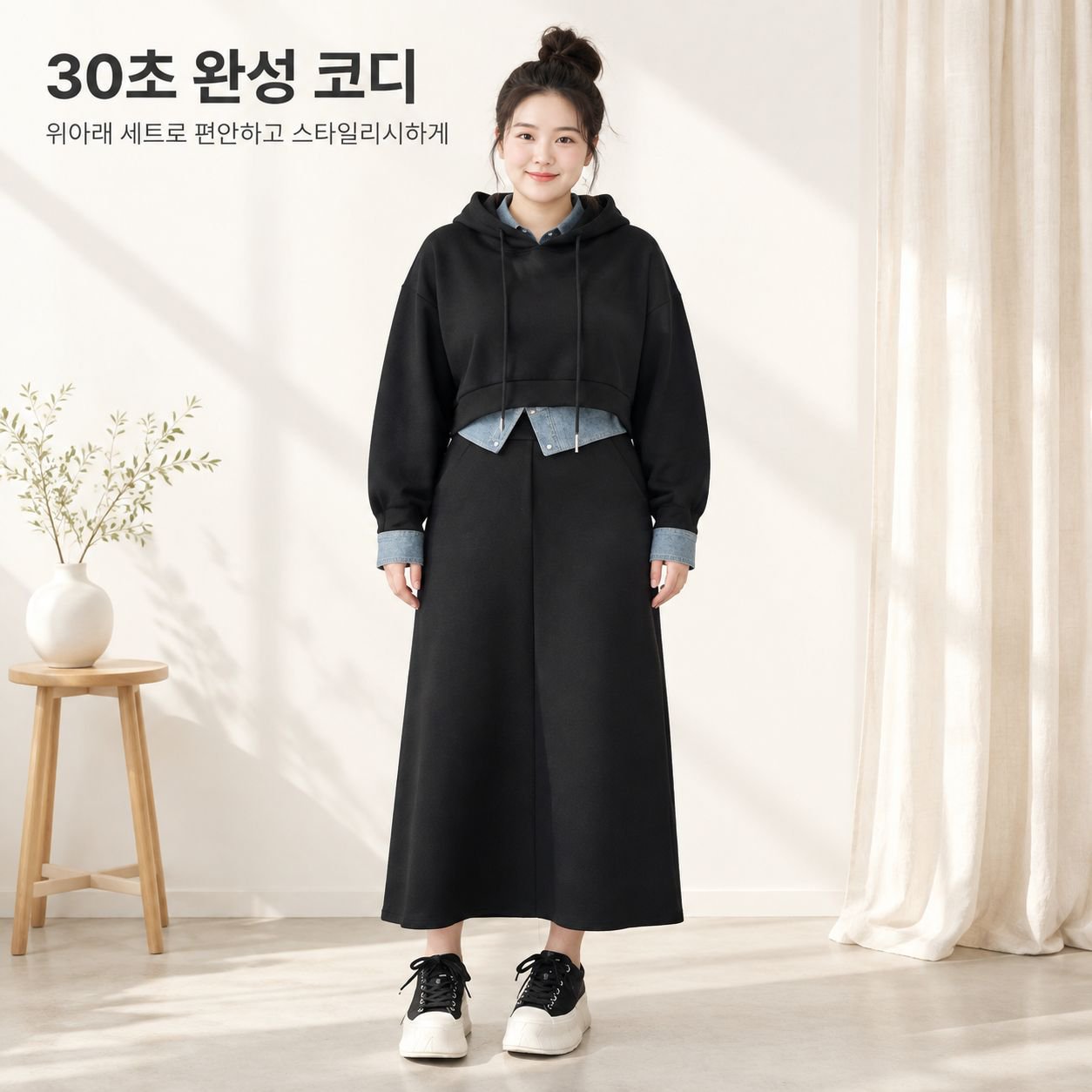 빅사이즈 여성 가을 후드 세트패션 트렌디한 날씬해 보이는 미디스커트 투피스