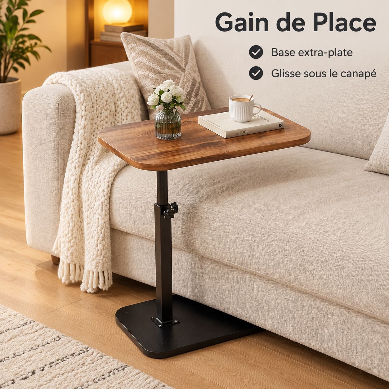 Table d'Appoint Réglable en Hauteur Bout de Canapé Mobile Petite Table Basse