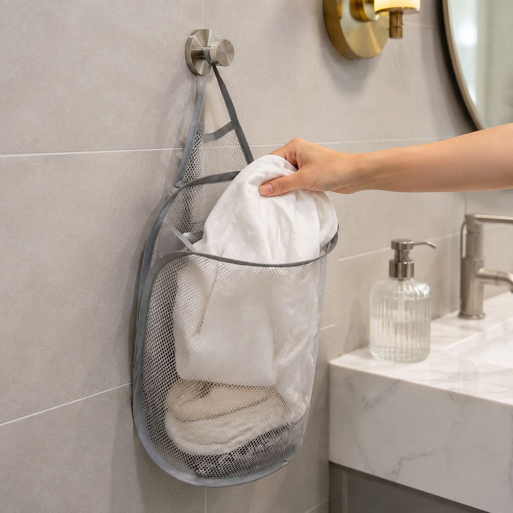 Foldable wall-mounted laundry basket, self-adhesive, no-drill mesh fabric laundry bag, bathroom laun