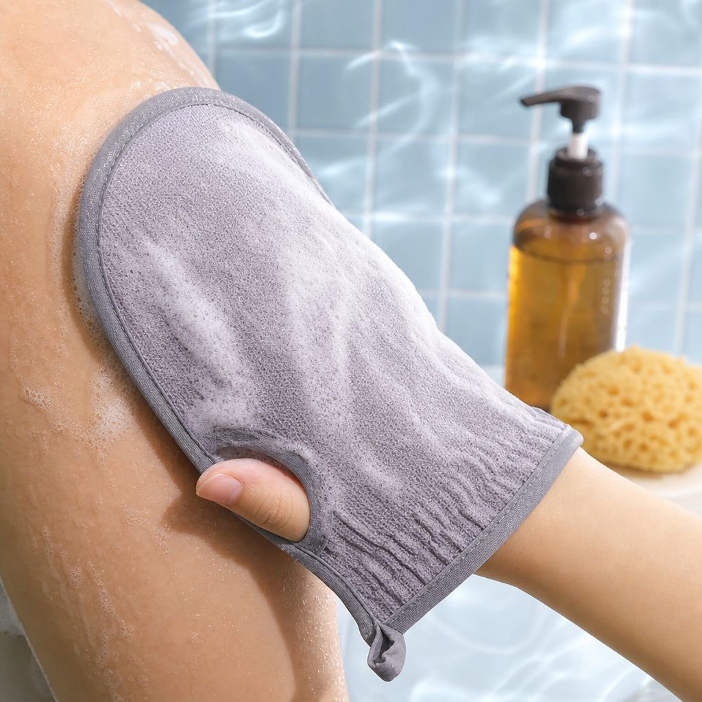 Close-up of textured exfoliating glove