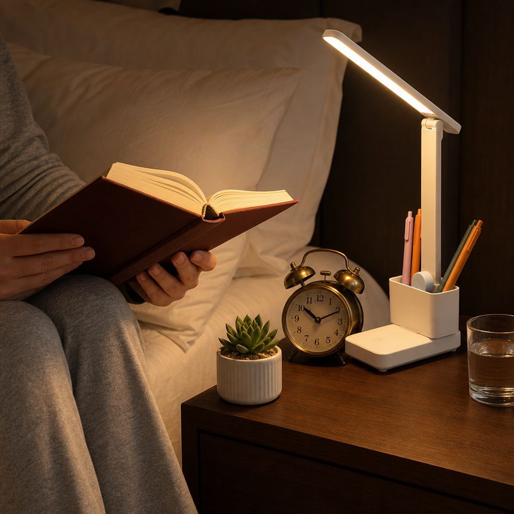 Lámpara LED de cabecera encendida junto a libros