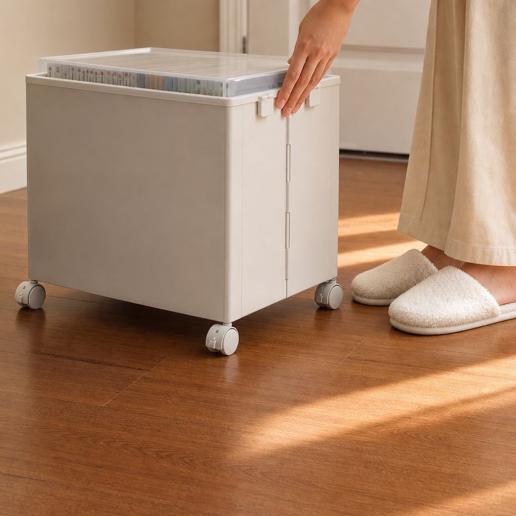 Portable under-desk trolley with wheels and lid for storing books, snacks, and other items; a foldab