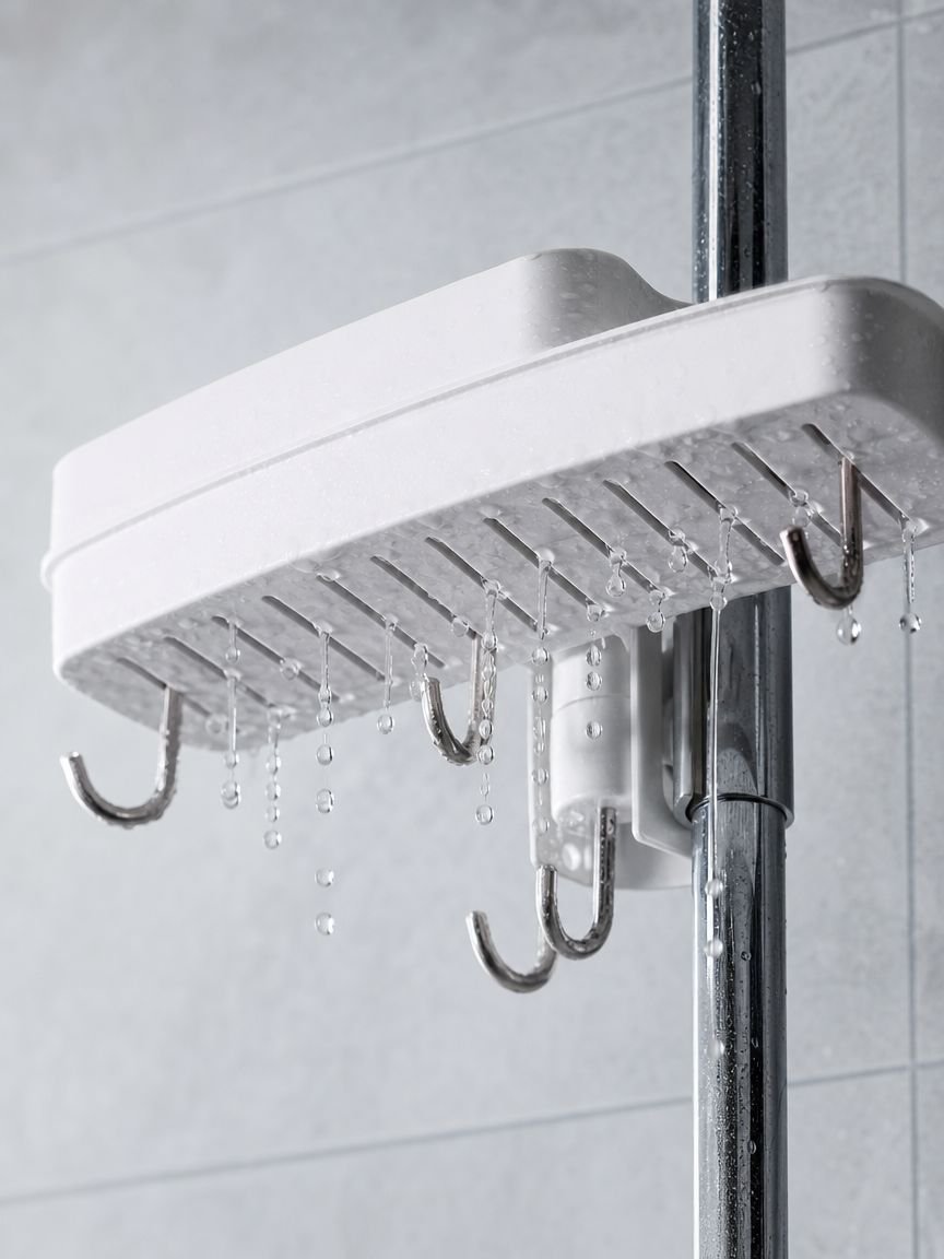 Close-up of no-drill adhesive shower holder installation