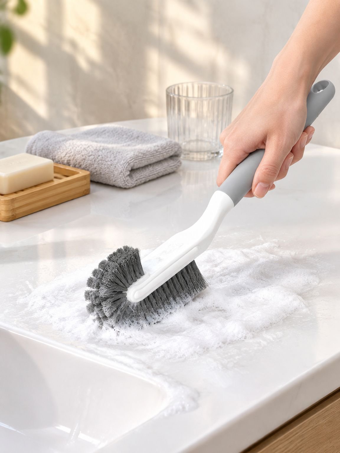 Long-handle brush reaching across a shoe surface