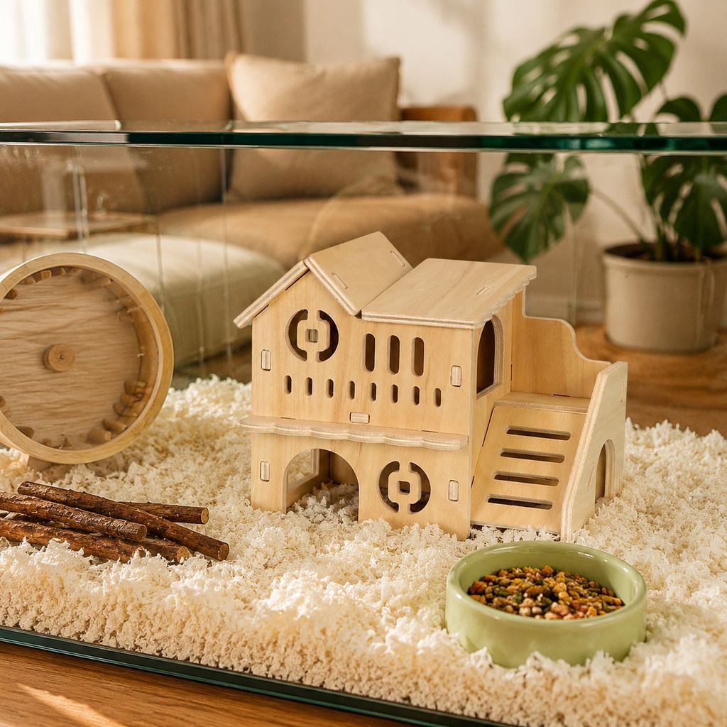 Casa de madera maciza para hámster, juguetes acrílicos, accesorios para jaula de hámster, jaula de o