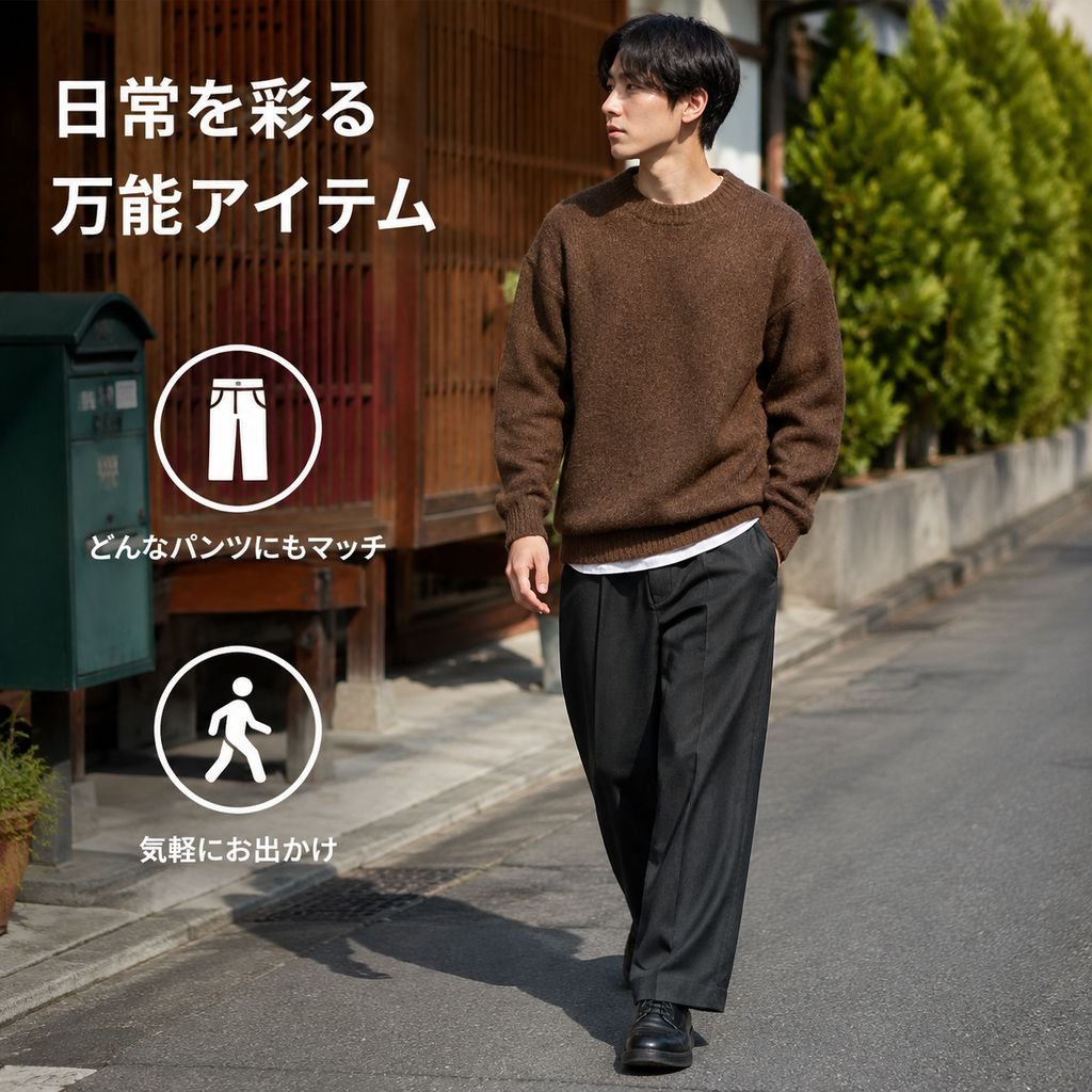 メンズ 無地 ドロップショルダー クルーネックニット