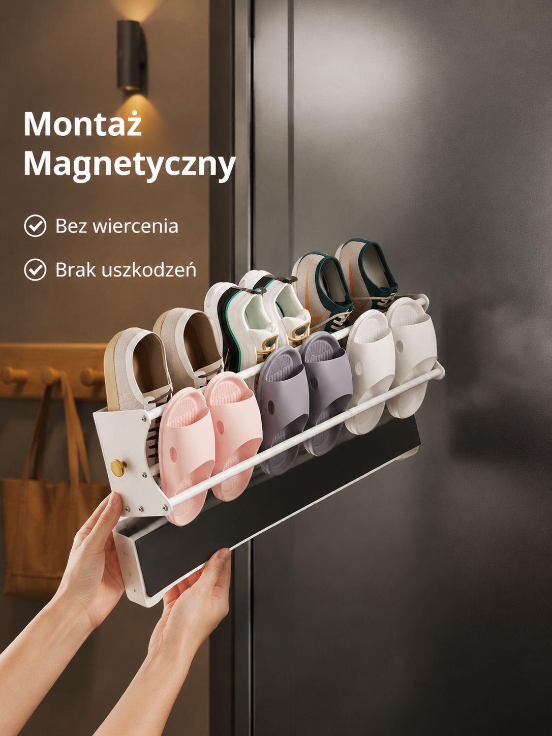 Bezinwazyjny magnetyczny stojak na kapcie, wielofunkcyjny uchwyt ścienny na buty za drzwiami