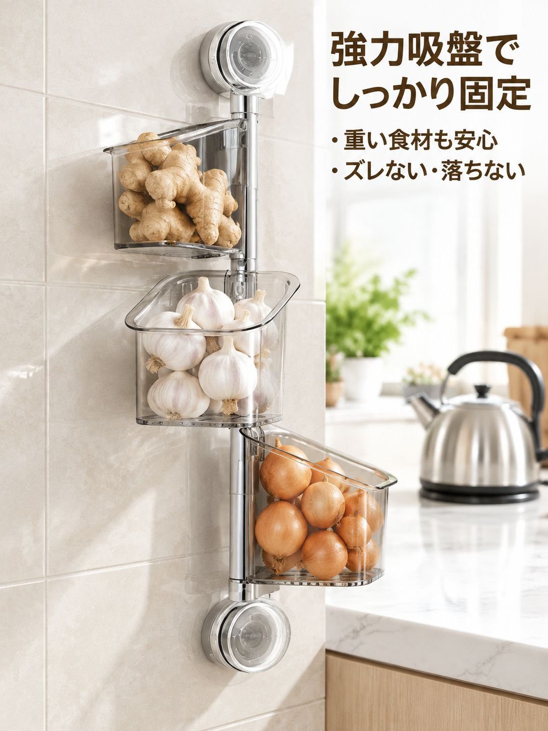 ダブル吸盤収納ボックス葱生姜ニンニク用キッチン回転ラック