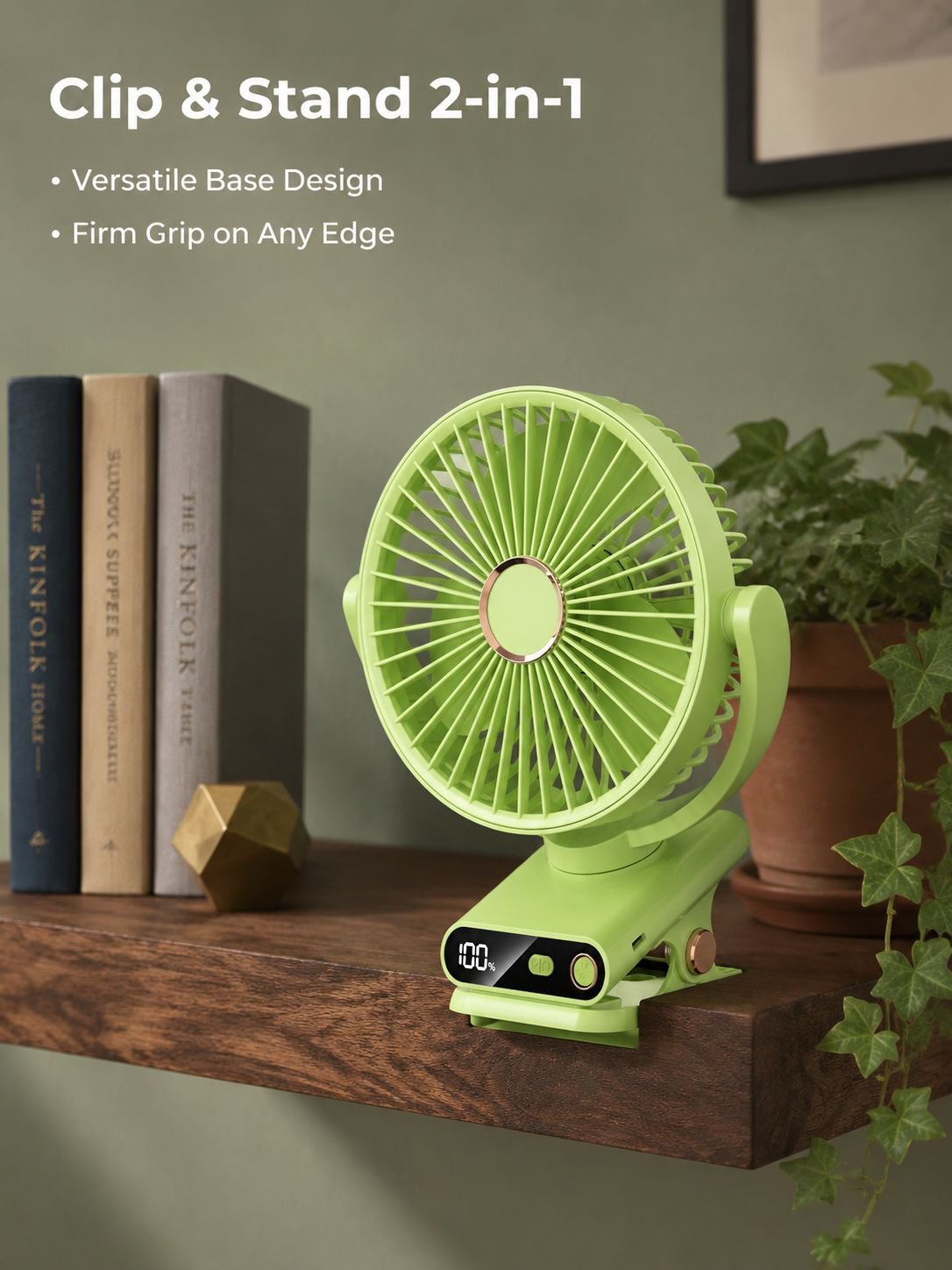 Desktop clip-on fan with automatic oscillation, USB charging, digital display, silent night light, p