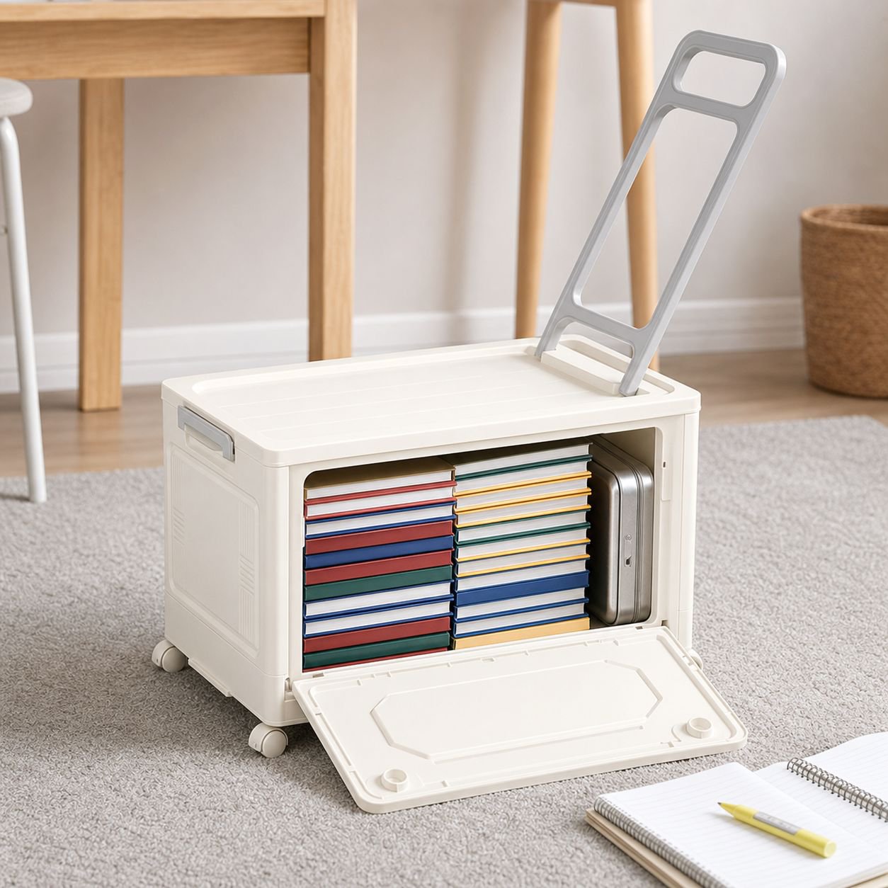 Student Foldable Rolling Storage Box with Wheels for Classroom Books