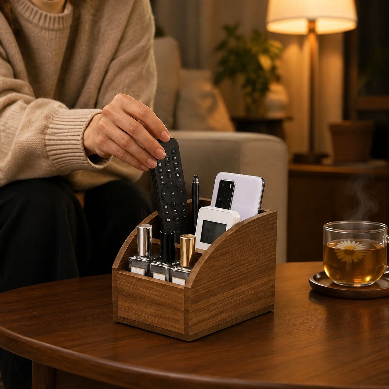 Organizador de mandos de madera multifuncional, estilo moderno
