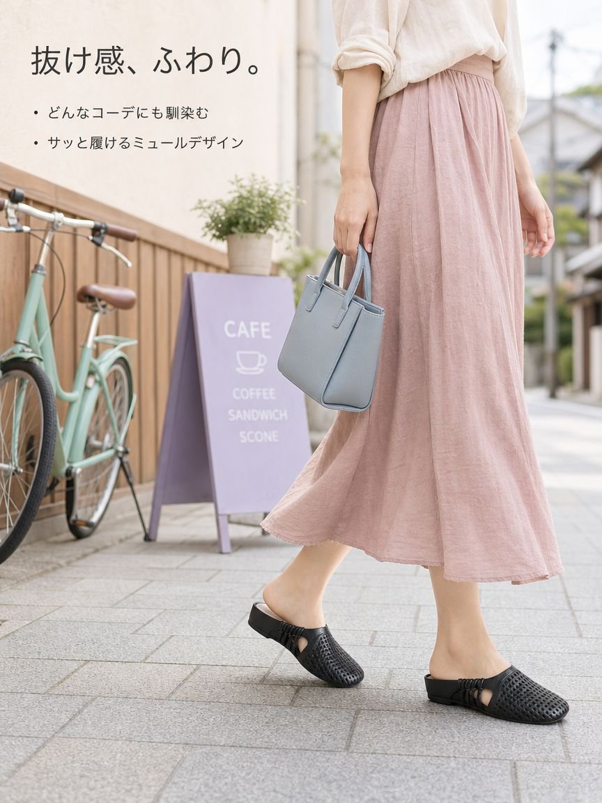 レディース編みメッシュミュールサンダル つま先カバー バックレス