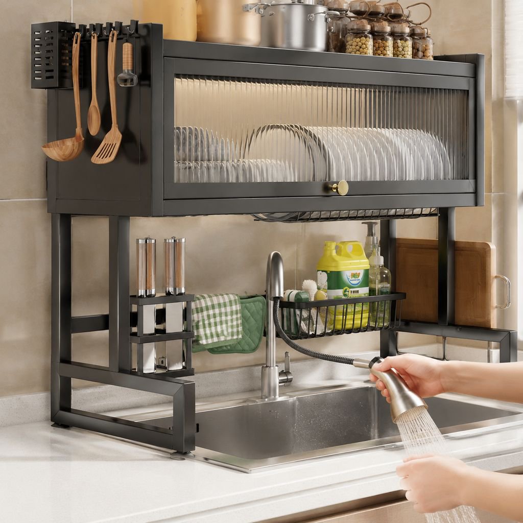 Double-Layer Dish Drainer Rack for Kitchen Sink Countertop, Dustproof Storage Cabinet with Doors