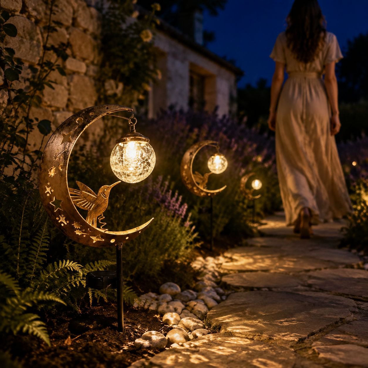 Lumière décorative solaire colibri lune extérieure