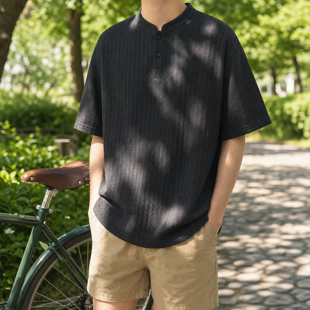 メンズ夏用ゆったり魚骨柄ヘンリーネック半袖カジュアルTシャツ