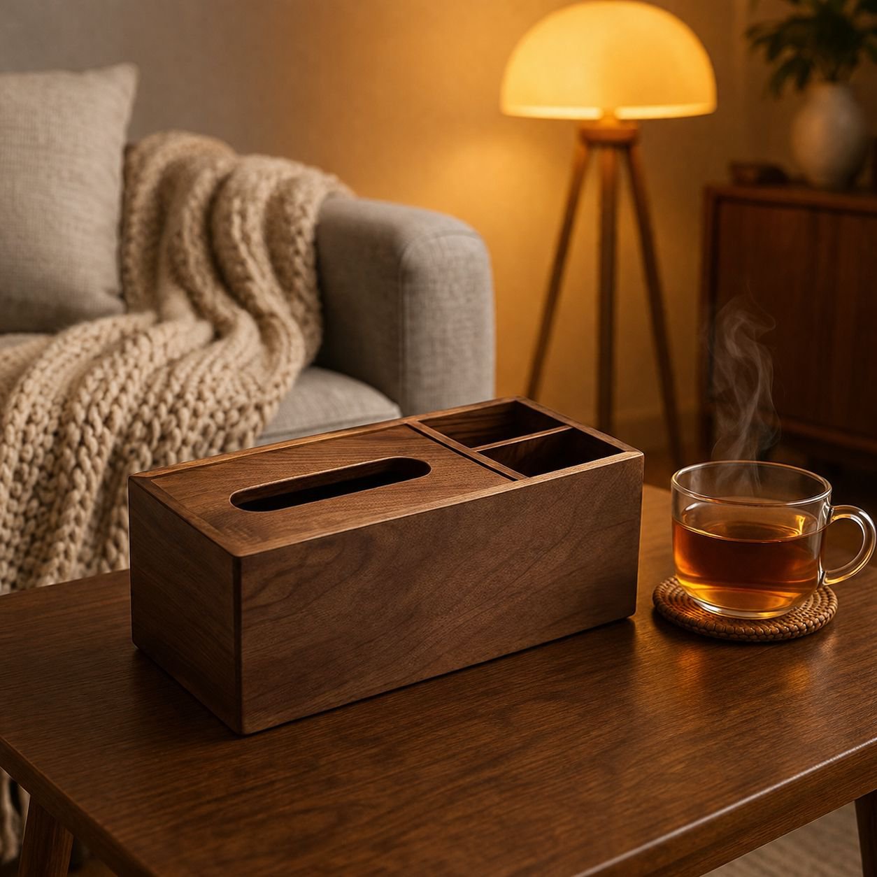 Premium wooden tissue box with desktop storage compartments